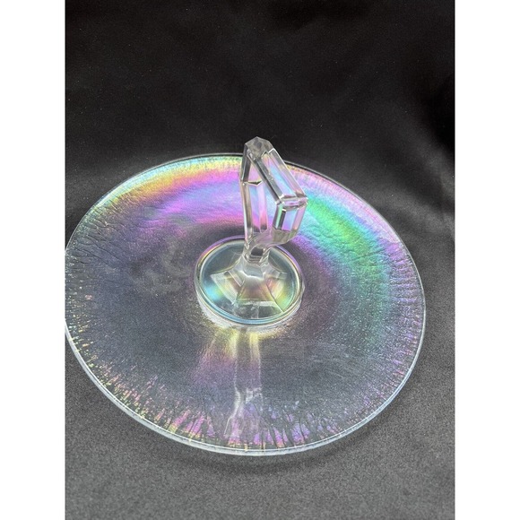 Vintage Clear Iridescent Depression Glass Center Handled Tid Bit Tray - Picture 5 of 14